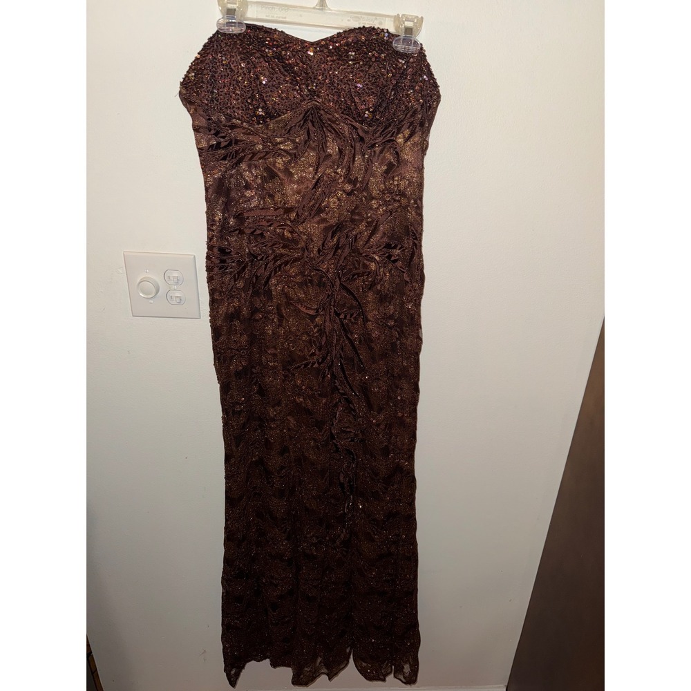 May Queen Vintage Embroidered Sequin Embellished Evening Gown Size 10 Brown Maxi